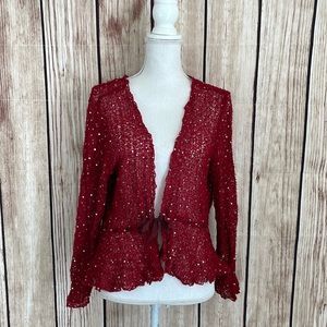 Loose-Knit Red Sequined Cardigan w/Waist Tie XL